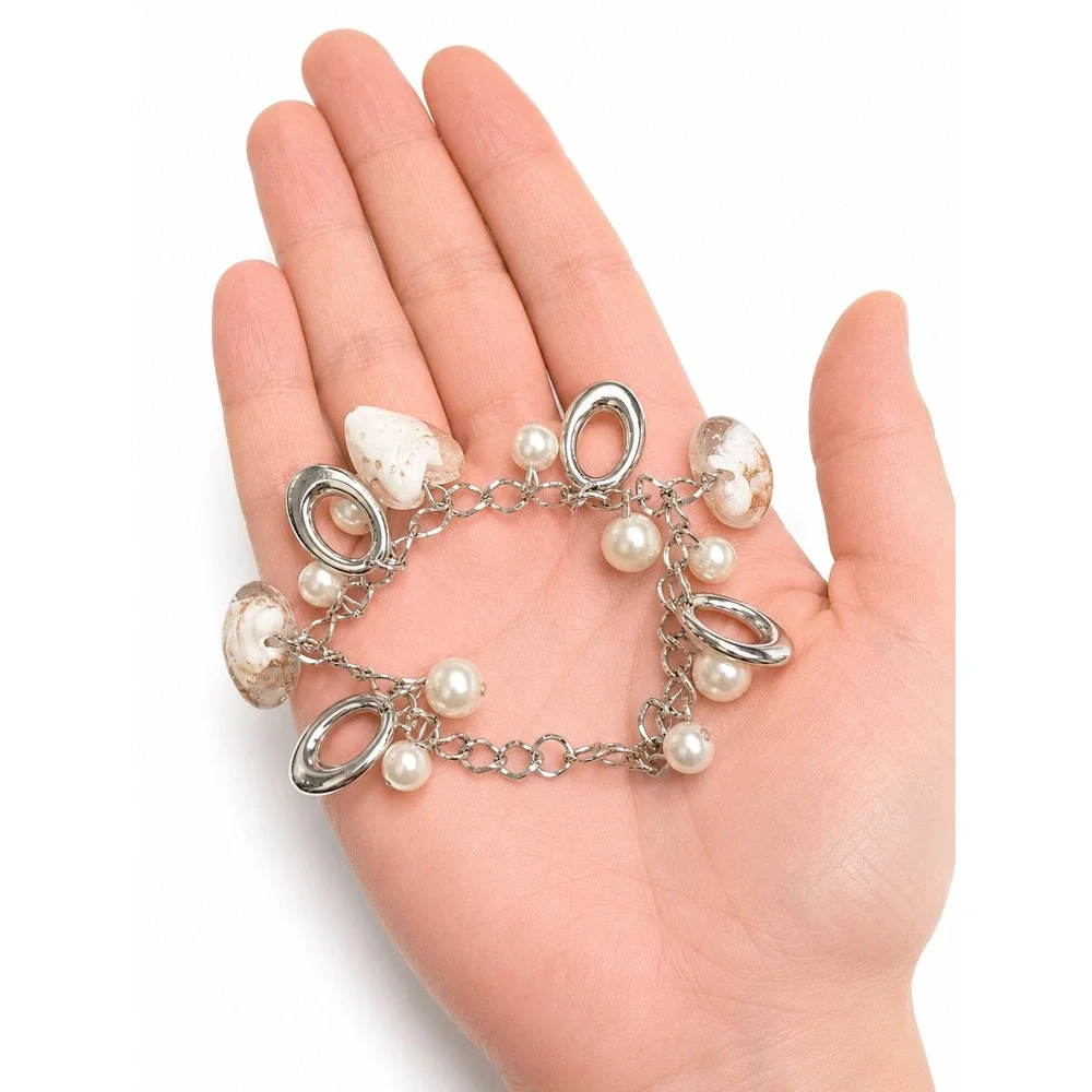 New Silver-Tone Heart Charm & Faux Pearl Chain Bracelet